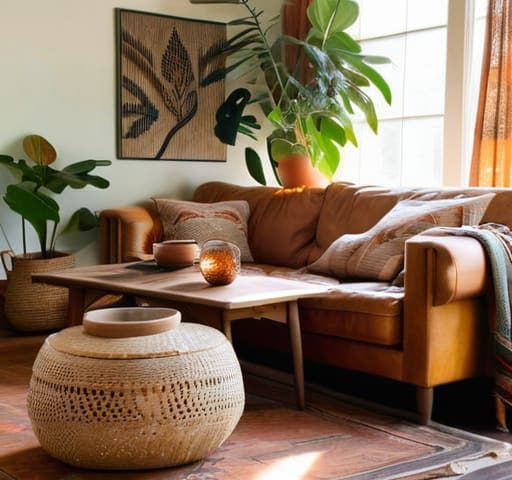 Cozy bohemian interior style living space.