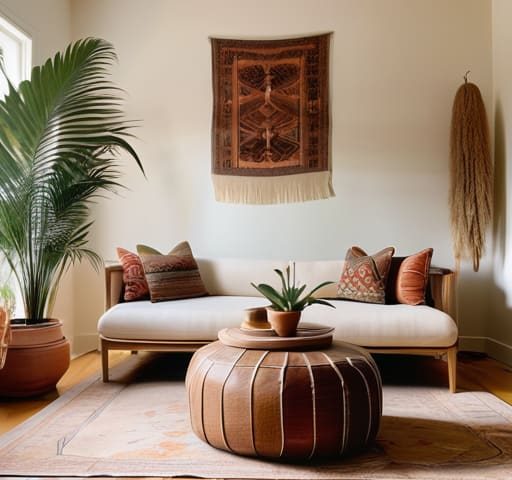Bohemian room styling with cozy decor.