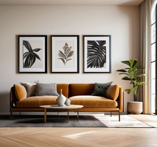 Modern gallery wall arrangement with framed art.