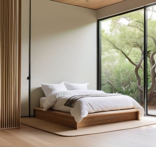 Modern minimalist bedroom design with neutral tones.