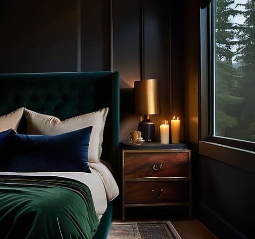 Moody bedroom aesthetic with dark decor.