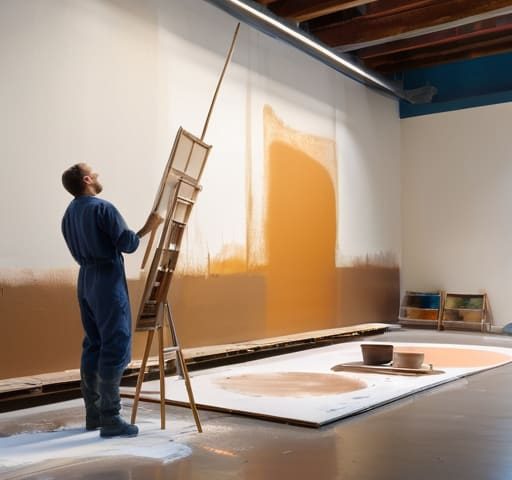 Artist demonstrating mural painting techniques indoors.
