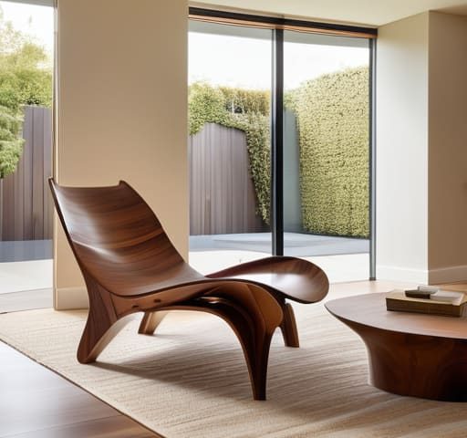 Modern rooms featuring sculptural furniture pieces.
