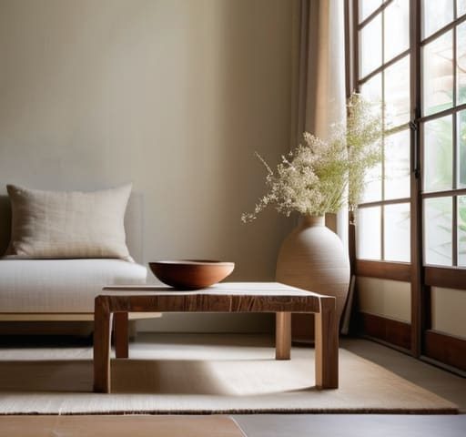 Minimalist wabi sabi interior design elements.
