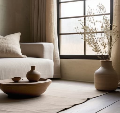 Minimalist wabi sabi interior design elements.