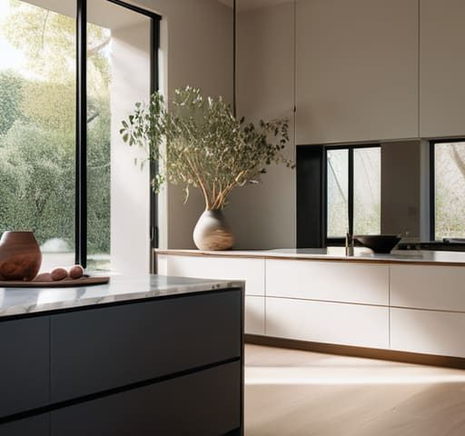 Modern minimalist kitchen design features.