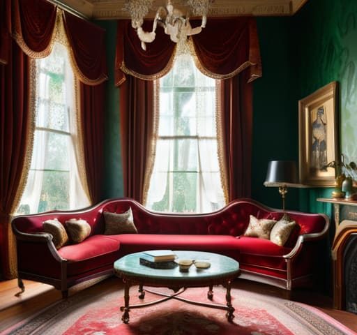 Elegant victorian era interiors with ornate decor.